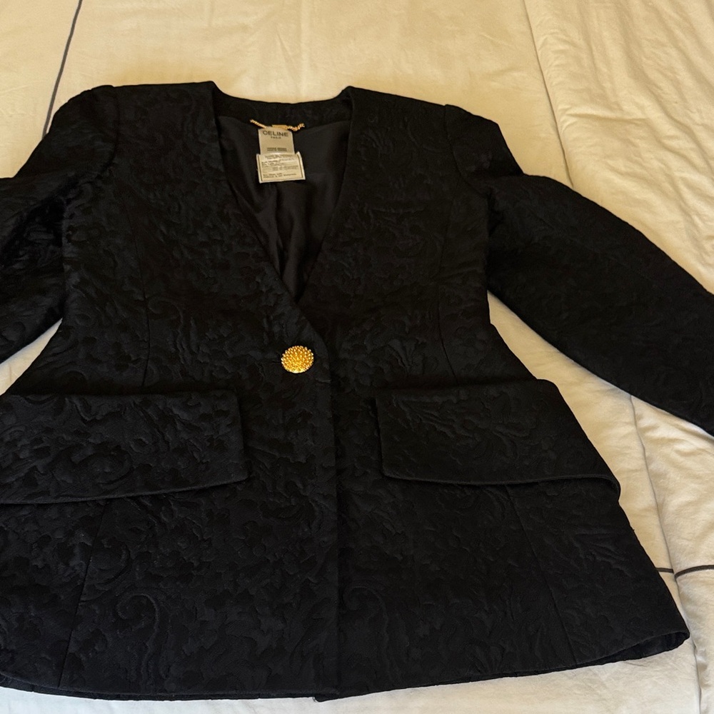 Celine Black Textured Blazer with Gold Button